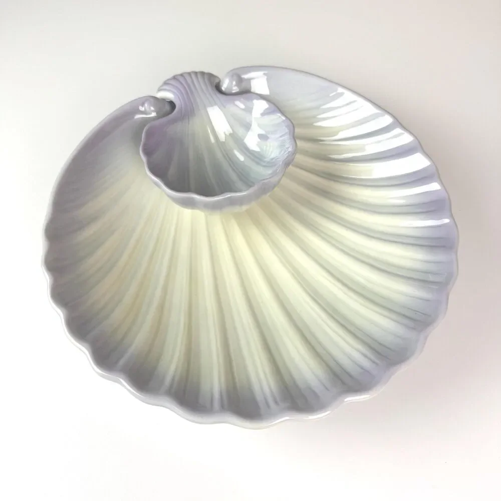 Vintage Ceramic Shell Chip and Dip Set / Coastal Seashell Platter & Bowl
